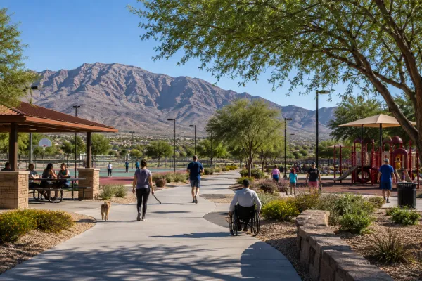 Families and walkers enjoy shaded recreation areas and a desert trail beneath Lone Mountain in northwest Las Vegas.