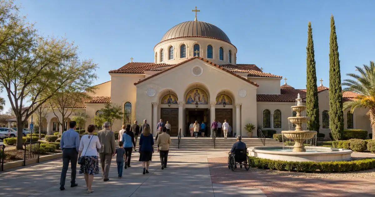Parishioners approach the domed Byzantine-style entrance of St. John the Baptist Greek Orthodox Church in Las Vegas.