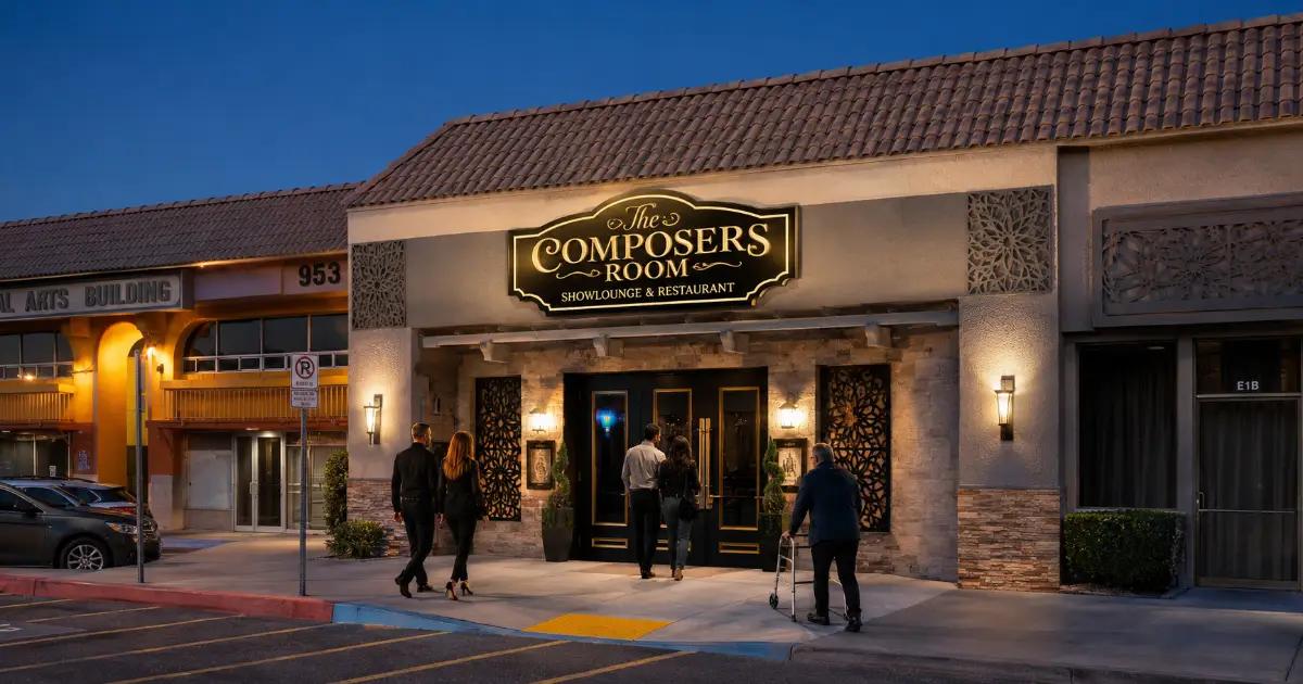 Guests approach the vintage-style entrance of The Composers Room at the Historic Commercial Center in Las Vegas.
