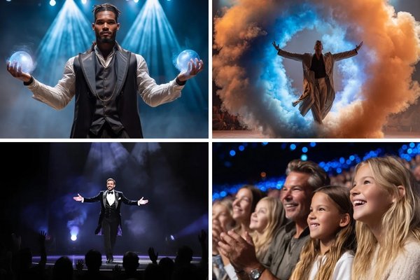 A promotional image for the Allstars of Magic show in Las Vegas, showing a magician on a stage with a brightly lit sign that says 'Allstars of Magic' with a crowd of people in the background.