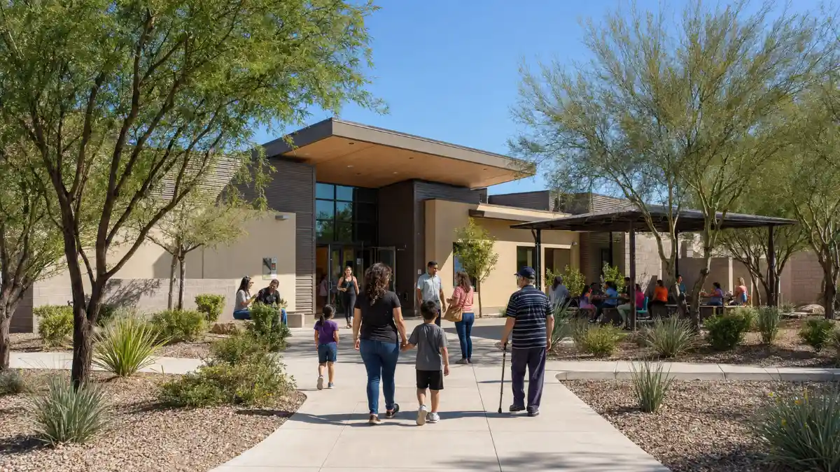 Families arriving at the landscaped campus of The Collaboration Center in Las Vegas.