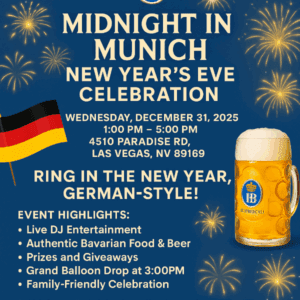 Festive New Year’s Eve party scene at Hofbräuhaus Las Vegas, with guests celebrating “Midnight in Munich” under colorful balloons, holding beer steins and enjoying live DJ entertainment in Bavarian-style decor.