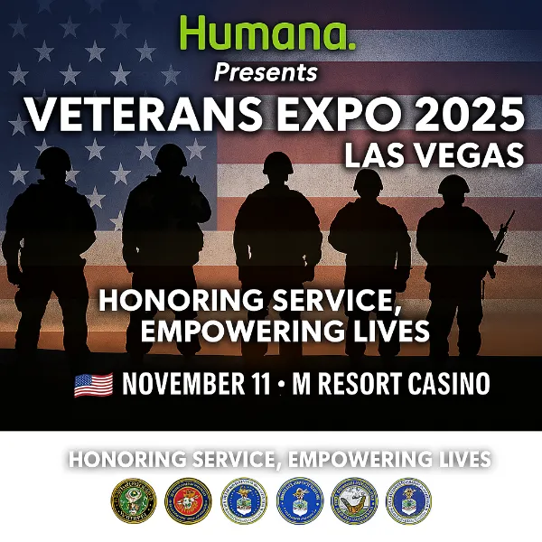 Las Vegas Veterans Expo 2025 event poster showcasing five military figures silhouetted against an oversized American flag background. Prominent red and white text highlights the upcoming event on November 11 at M Resort Casino, with a reminder of community support for veterans. Military branch logos appear at the bottom, and a social media “Follow Us” badge with a thumbs-up icon encourages online engagement. The overall design evokes pride, remembrance, and service in honor of Veterans Day.