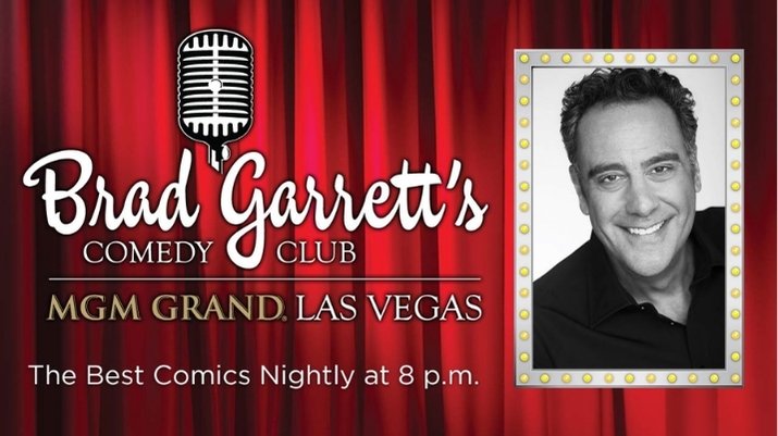A promotional image for Brad Garretts Comedy Club, showing the comedian with a microphone in front of a red curtain and a sign with his name.