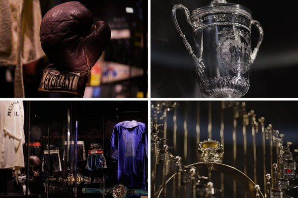 Collage of iconic sports memorabilia at Fontainebleau’s Hall of Excellence in Las Vegas, featuring Muhammad Ali’s Everlast glove, ornate silver trophy, championship robes and belt from “The Ring of Excellence,” and golden ceremonial crown—celebrating legendary athletes in a museum curated by Tom Brady and Jim Gray.