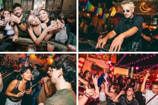 Four-panel image of The Block Bar Crawl in downtown Las Vegas showing groups of people drinking at bars, dancing to live DJs, and celebrating under neon lights during a guided nightlife walking tour.
