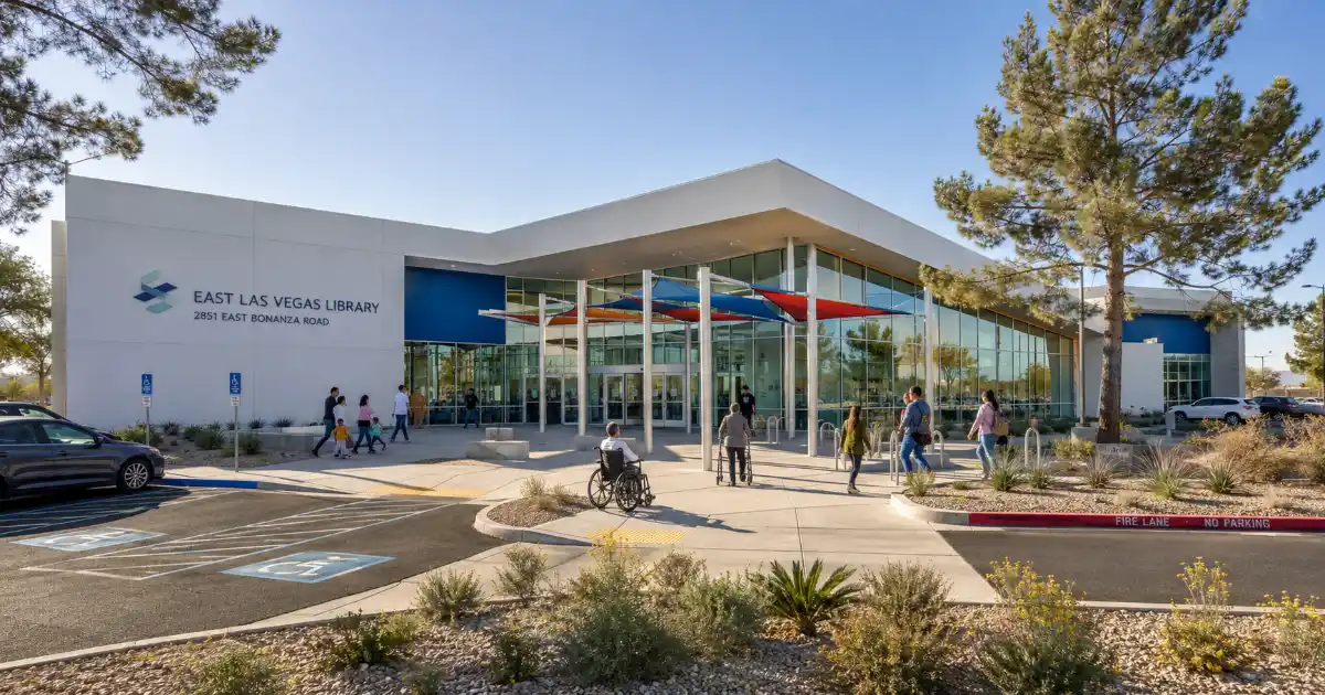 Visitors approach the glass entrance and colorful shaded plaza at East Las Vegas Library on Bonanza Road.