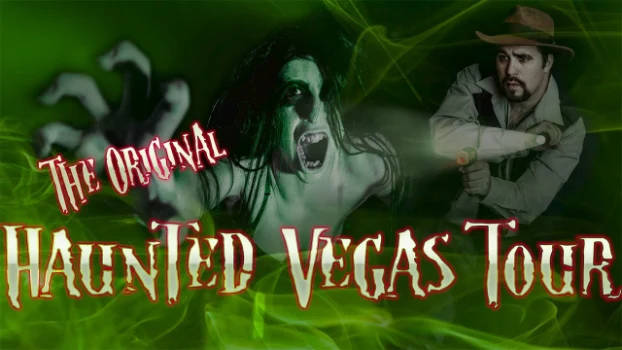 Promotional image for The Original Haunted Vegas Tour featuring a ghostly figure with long black hair and pale skin emerging from eerie green mist, alongside a brave explorer holding a flashlight — ideal for advertising discount tickets to Las Vegas ghost hunts and paranormal experiences.
