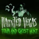 Terrifying ghostly woman with pale skin and clawed hands screams through green mist in a dark horror-themed graphic for the Haunted Vegas Tour and Ghost Hunt, a chilling paranormal experience in Las Vegas.