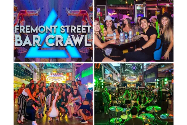 Four-panel collage of LA Epic Fremont Street Pub Crawl in Las Vegas featuring neon signage, groups of friends enjoying drinks, a crowd posing under the Downtown Las Vegas welcome sign, and a live band performing on Fremont Street with vibrant lights and nightlife energy.