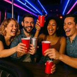 Group of friends enjoying an LA Epic pub crawl in Las Vegas, raising red party cups and cans in a celebratory toast inside a neon-lit party bus with vibrant blue and pink lighting.