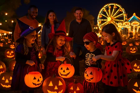 Children in Halloween costumes trick-or-treat at a glowing pumpkin patch in Las Vegas, surrounded by jack-o'-lanterns, carnival rides, and smiling parents.