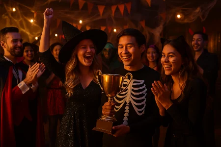 Guests in elaborate Halloween costumes celebrate at a Las Vegas costume contest, with a skeleton holding a trophy, a witch cheering, and a festive crowd clapping under spooky decorations.