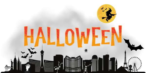 Halloween-themed graphic for Las Vegas events featuring bold “HALLOWEEN” text, a witch flying across a full moon, bats, a dancing skeleton, and a city skyline with landmarks like the Eiffel Tower and Ferris wheel, set against a smoky, spooky backdrop.
