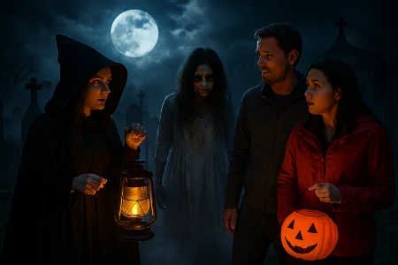 A spooky Las Vegas ghost tour unfolds in a foggy graveyard under a full moon, with costumed guides, flickering lanterns, and haunted ruins.