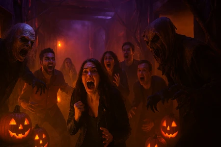 Guests scream in fear inside a Las Vegas haunted house, surrounded by glowing jack-o'-lanterns, fog, and grotesque Halloween monsters in tattered costumes.