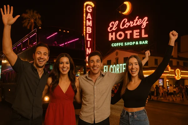 Four friends pose in front of a glowing party bus and the neon-lit El Cortez Hotel on Fremont Street in Las Vegas, celebrating nightlife with raised arms and wide smiles.