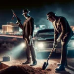 Two men in vintage mob-style suits and fedoras stage a tense nighttime scene near Las Vegas, with one digging a grave and the other standing guard with a rifle beside a classic car—evoking the dark legends behind the Shadows of Sin City ghost tour.