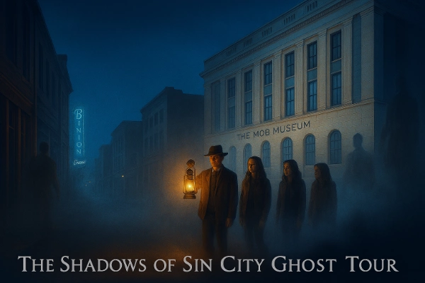 A group of ghost tour participants follows a lantern-holding guide through a foggy downtown Las Vegas street at night. The Mob Museum glows ominously in the background, while Binion’s neon sign lights up the distance. Shadowy ghost figures linger in the mist, creating a haunting, cinematic atmosphere.