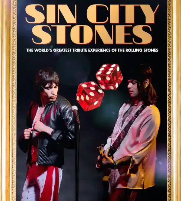 A promotional image for the Sin City Stones tribute show, showing the band performing on a stage with a bright, dramatic light behind them.