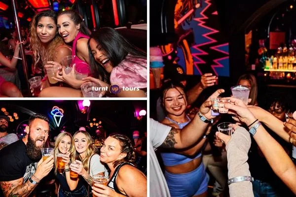 Four-panel collage of Turnt Up Tours Party Bus in Las Vegas featuring groups of friends drinking, toasting, and celebrating in vibrant nightclub and party bus settings with neon lights and festive energy.