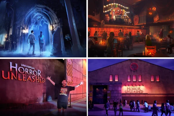 Collage of four scenes from Universal Horror Unleashed 2025 in Las Vegas, featuring a gothic portal entrance with glowing blue light, a horror-themed bar with red lighting and clown decor, a guest posing in front of illuminated branding, and a crowd entering a warehouse-style attraction with purple lighting. The image highlights immersive environments and visitor excitement.