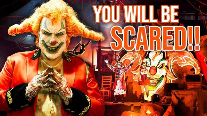 Universal Horror Unleashed entrance at AREA15, immersive horror attraction in Las Vegas with eerie lighting and a menacing looking clown