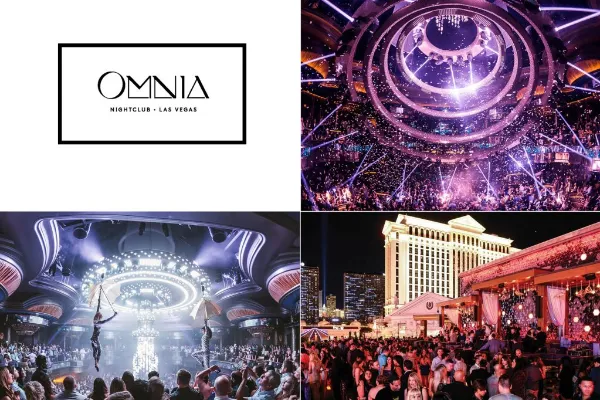 Four-panel collage showcasing World Crawl Las Vegas party bus club crawl at Omnia Nightclub, featuring the Omnia logo, packed dance floors with aerial performers and confetti, dazzling ring-lit architecture, and a lively outdoor crowd scene under the Vegas night sky.