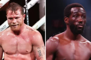 Canelo Álvarez and Terence Crawford face off in a split-screen image—Canelo intense and tattooed, Crawford calm and focused—capturing the tension ahead of their historic super middleweight title fight.