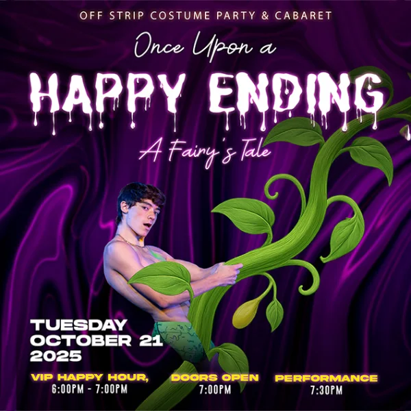 poster for A Fairy’s Tale: Once Upon a “Happy Ending” cabaret and costume party in Las Vegas featuring fantasy artwork with beanstalk and swirling purple background