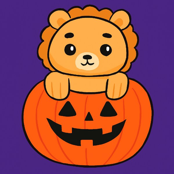 Cute cartoon lion cub peeking over a smiling jack-o'-lantern on a purple background, promoting Boo at the Zoo Halloween event at Lion Habitat Ranch
