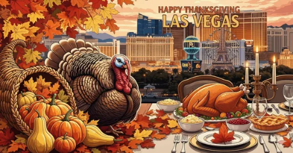 Thanksgiving-themed graphic for Las Vegas events featuring a turkey, a cornucopia of fall harvest, autumn leaves, a festive dinner table, and a city skyline