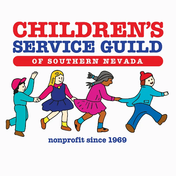 Logo for Children’s Service Guild of Southern Nevada featuring colorful text and illustration of children holding hands with tagline nonprofit since 1969