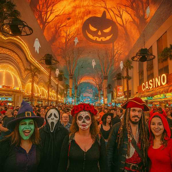 Celebrate Halloween in Las Vegas at the Fremont Street Halloween Bash 2025 with live music, costumes, and spooky visuals under the Viva Vision canopy.