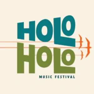 Holo Holo Music Festival logo with bold teal and olive lettering and flying orange birds on a beige background.