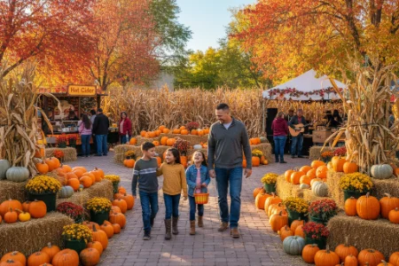 A dad with three children enjoy a festive fall festival in Las Vegas, walking along a path lined with hay bales, pumpkins, and vibrant autumn decorations