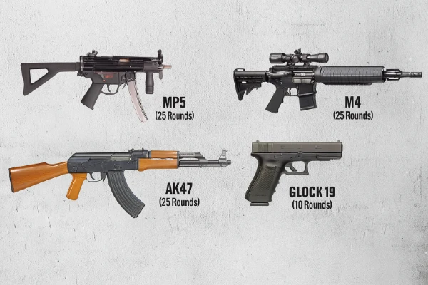 Four firearms displayed against concrete background: MP5, M4, AK47, and Glock 19 with labeled round counts.