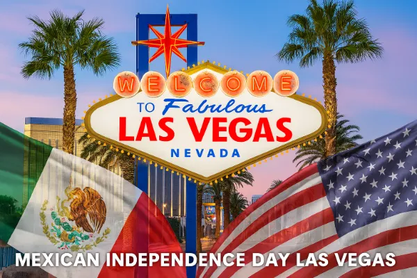 Las Vegas Welcome Sign decorated with Mexican flags and festive lights for Fiestas Patrias weekend celebrations