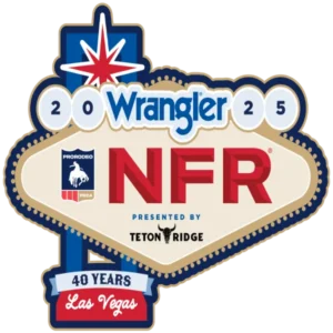 Official logo for the 2025 Wrangler National Finals Rodeo presented by Teton Ridge, styled like the "Welcome to Fabulous Las Vegas" sign, featuring PRCA branding and a banner celebrating 40 years of NFR in Las Vegas.