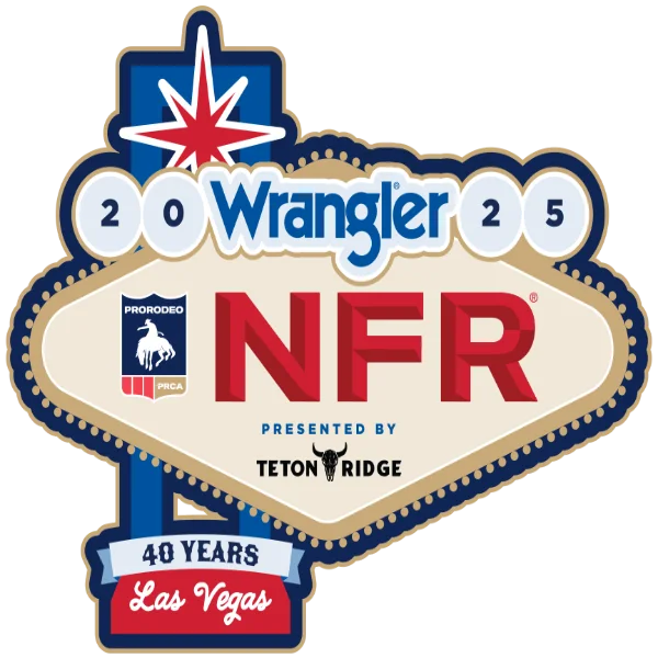 Official logo for the 2025 Wrangler National Finals Rodeo presented by Teton Ridge, styled like the "Welcome to Fabulous Las Vegas" sign, featuring PRCA branding and a banner celebrating 40 years of NFR in Las Vegas.