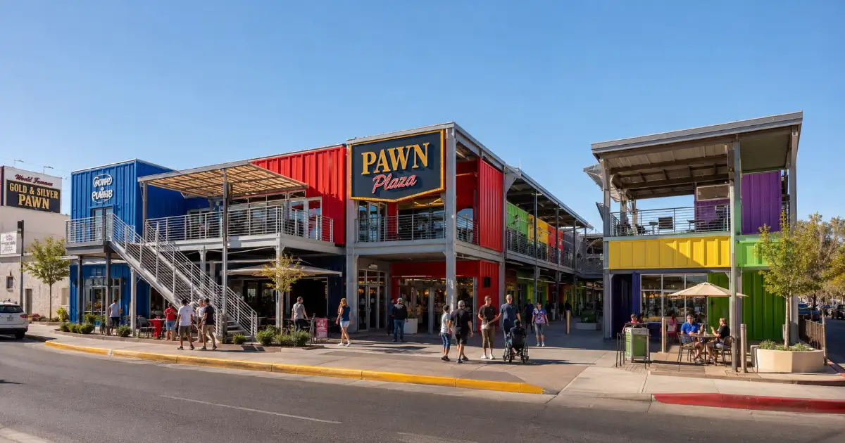 Visitors explore the colorful two-story shops, patios and restaurants at Rick Harrison’s Pawn Plaza in Las Vegas.