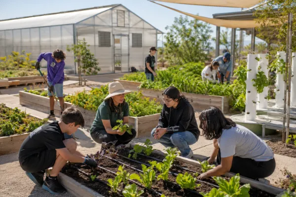 Volunteers and students participate in sustainable gardening activities among raised beds and greenhouse growing areas at Rose Creek Farm in Las Vegas.