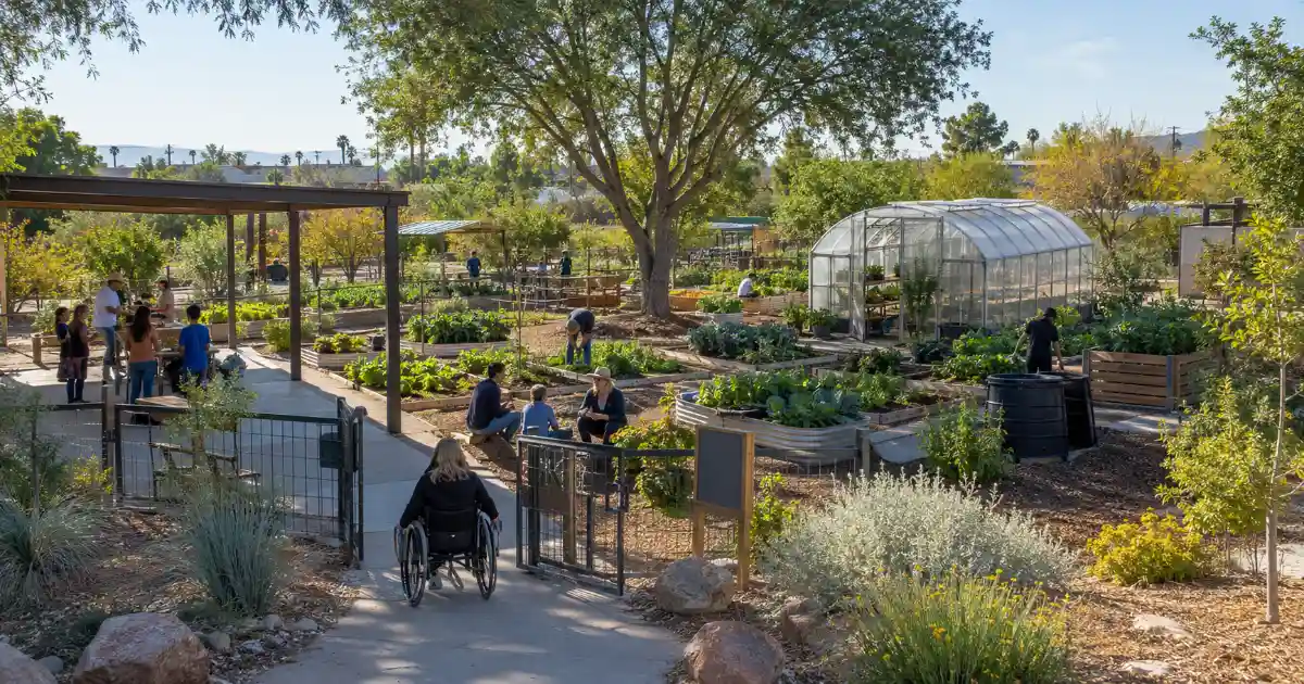 Visitors explore the gardens, greenhouse, and sustainable agriculture areas at Rose Creek Farm, a nonprofit educational farm operated by Lighthouse Charities in Las Vegas.