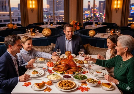 A multi-generational family happily gathers around a table in a Las Vegas restaurant, enjoying a traditional Thanksgiving turkey dinner with all the classic side dishes