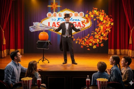 Magician performing Thanksgiving-themed magic show in Las Vegas with autumn leaves, pumpkin, and iconic Vegas backdrop
