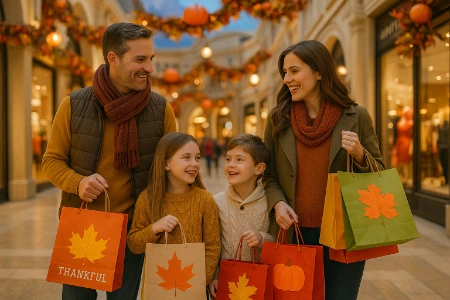 A family of four shops at the Forum Shops in Las Vegas during Thanksgiving weekend, surrounded by autumn-themed decorations