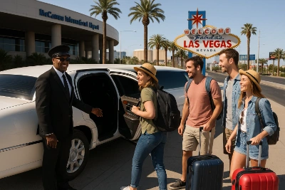 TLC white limousine with chauffeur greeting travelers near Welcome to Fabulous Las Vegas sign