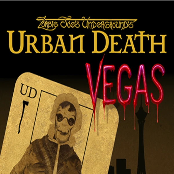 poster for Urban Death Vegas horror theater show featuring stylized yellow and red title text, eerie playing card character, and Las Vegas skyline silhouette.