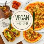 Vegan food in Las Vegas featuring tacos pizza cauliflower wings and a cocktail
