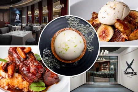 vegan fine dining dishes including burrata short ribs figs and dessert with interior and entrance of crossroads kitchen in las vegas